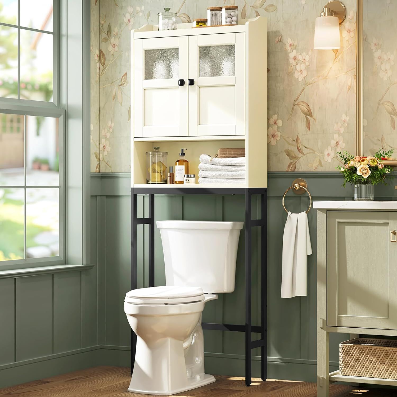 Cream White Over-Toilet Cabinet with Adjustable Shelving and Black Iron Legs