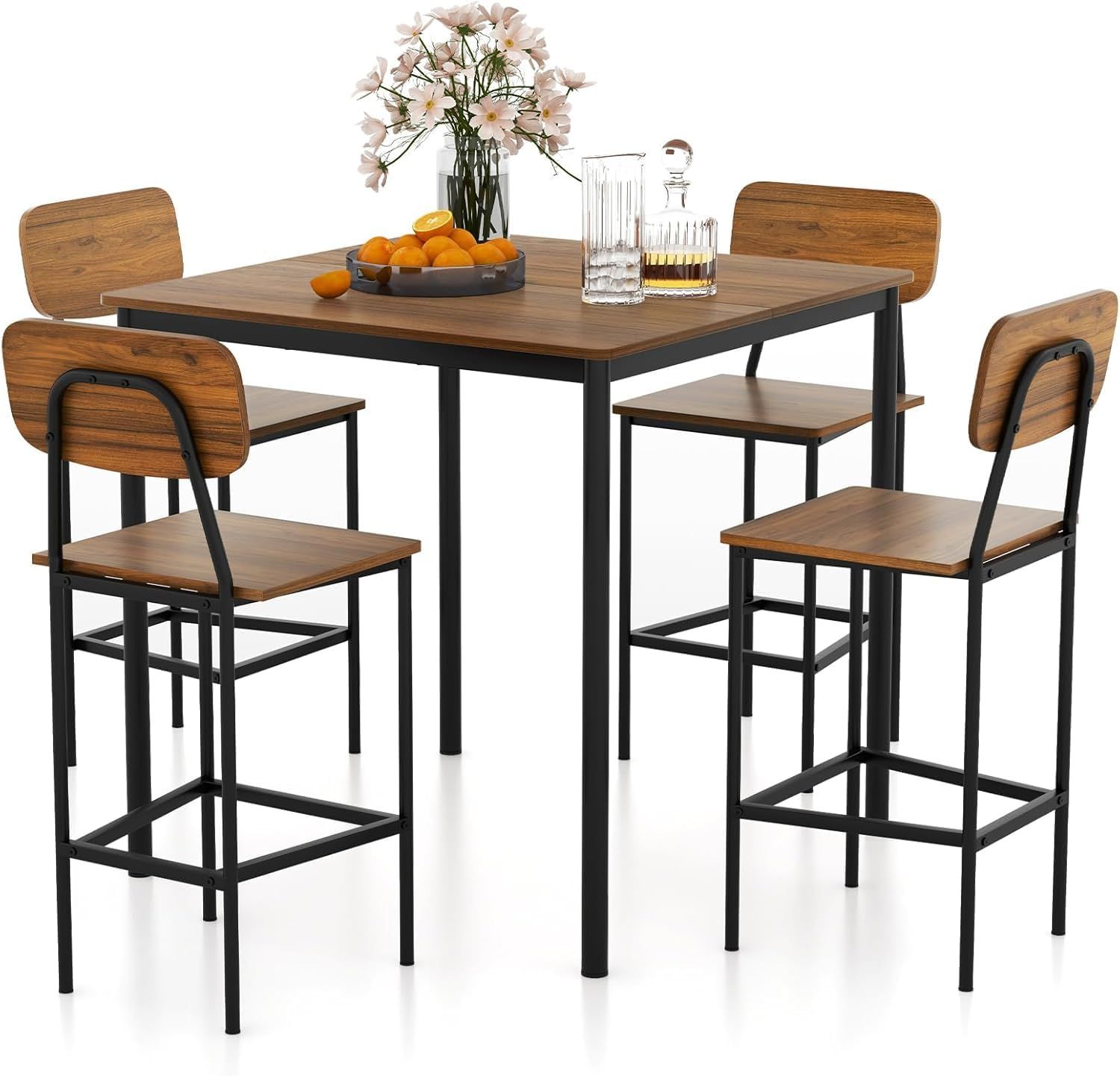 Rustic Brown and Black Pub Table Set with 4 Chairs