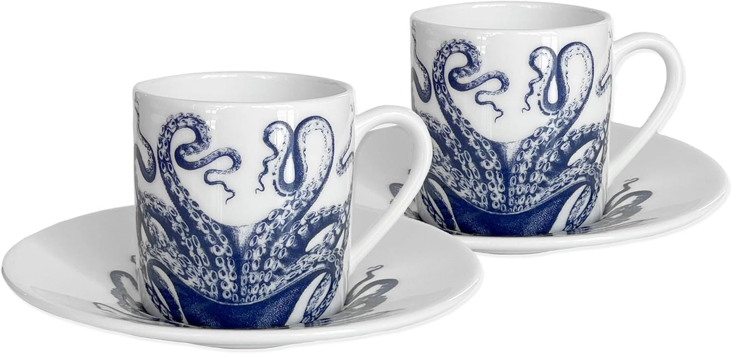 Lucy Blue and White Bone China Espresso Cup Set with Saucers