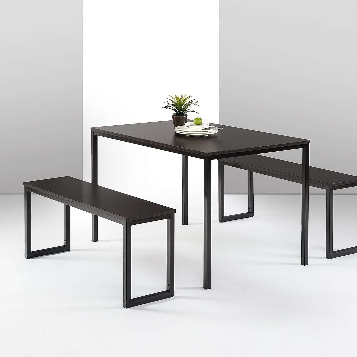 Espresso Metal Frame Dining Table with Two Benches