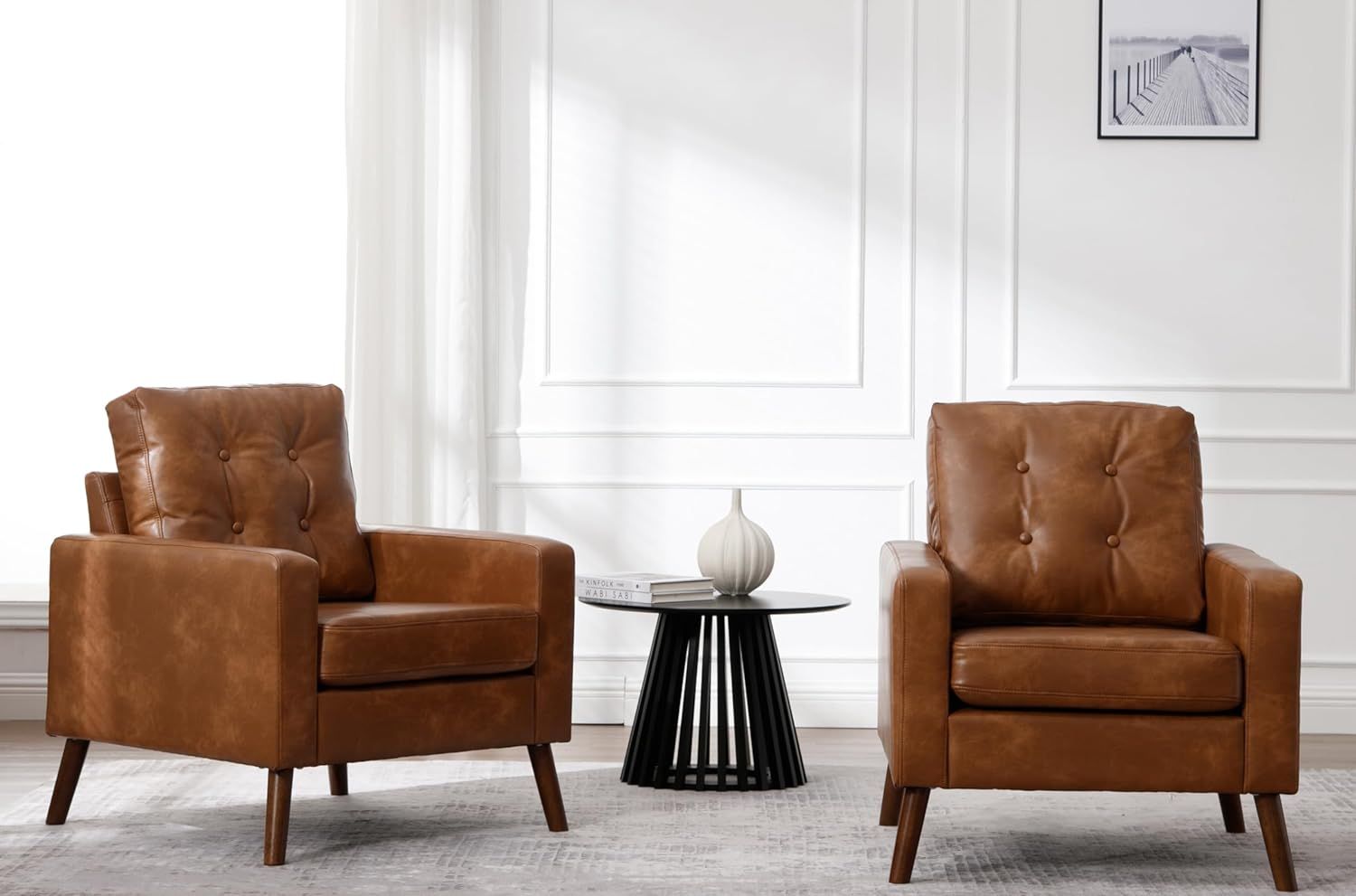 Caramel Brown Faux Leather Mid-Century Modern Armchairs with Wood Legs