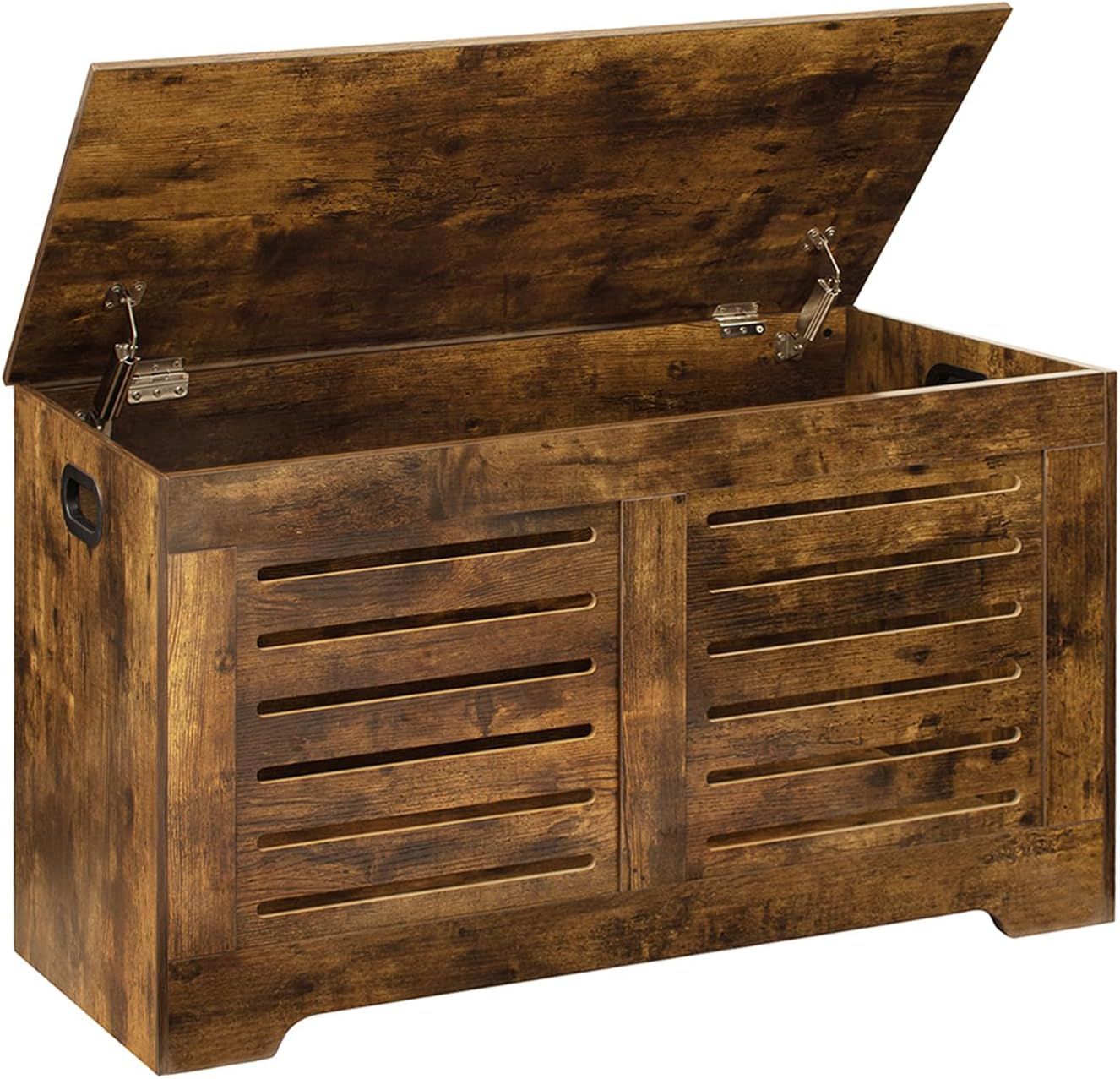 Rustic Brown Wooden Flip-Top Storage Chest with Safety Hinges