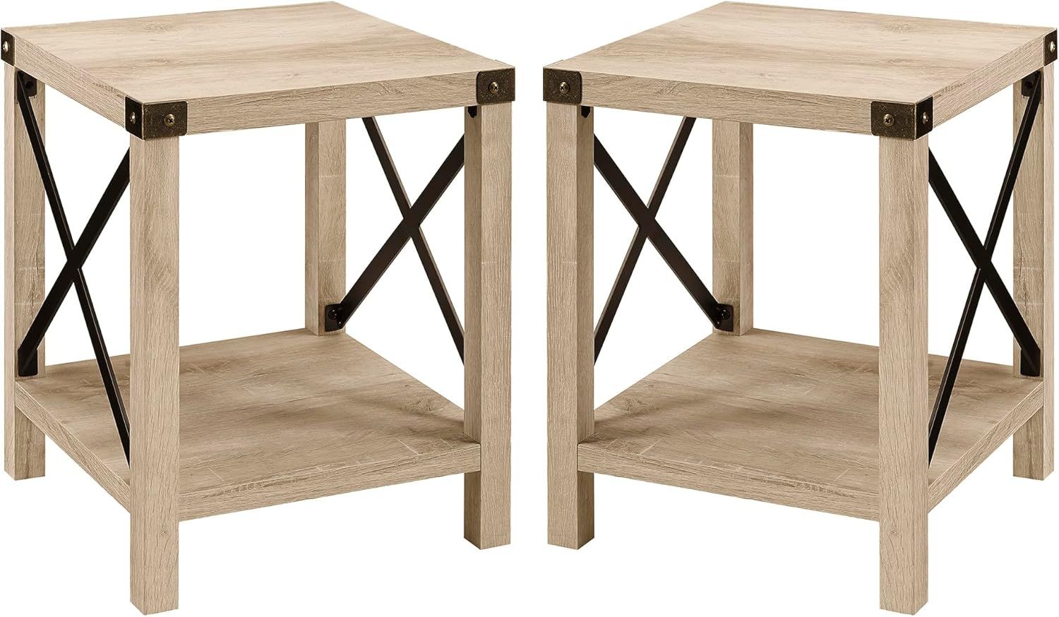 White Oak and Metal Farmhouse End Table with Lower Shelf