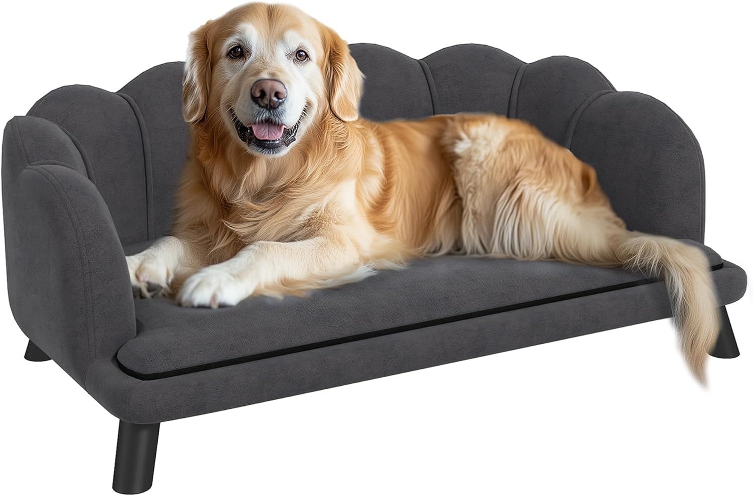 Charcoal Gray Velvet Large Dog Sofa with Birch Wood Legs