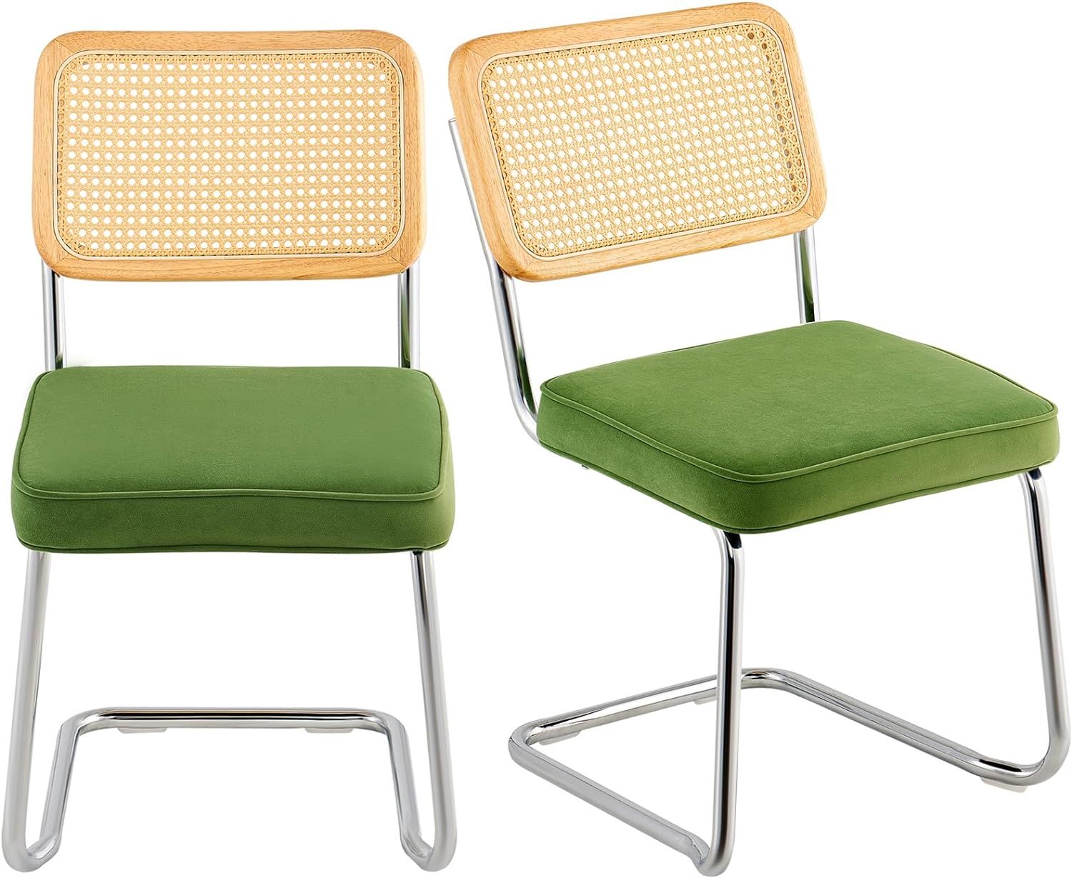 Green Velvet and Rattan Upholstered Dining Chairs, Set of 2