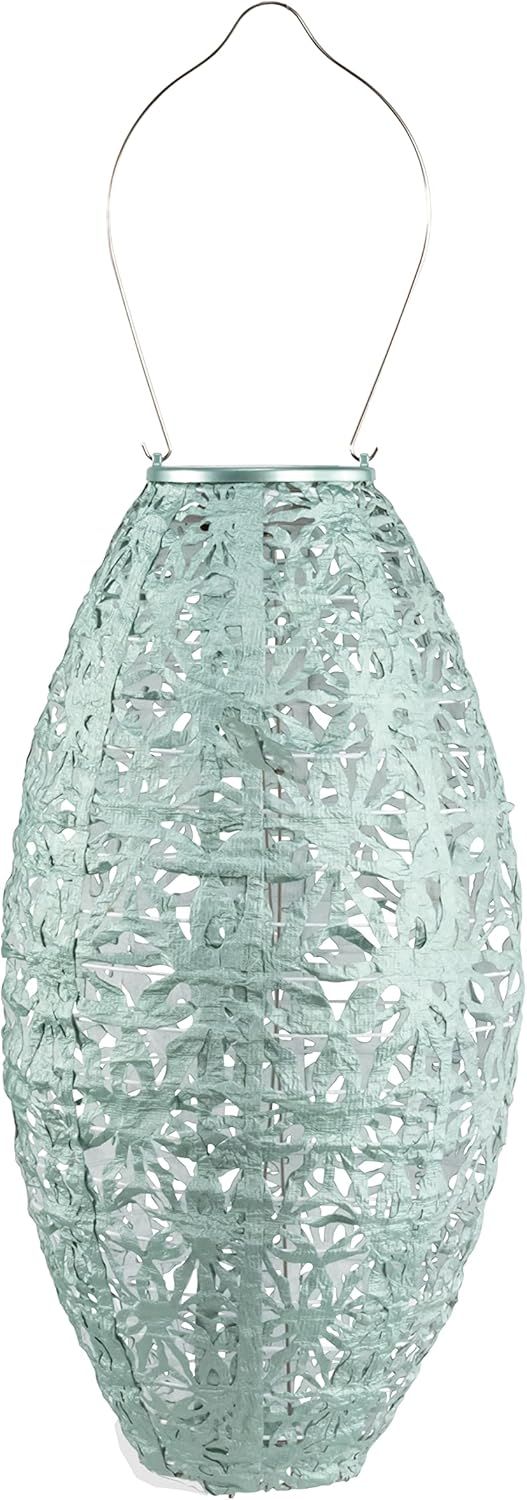 Sage Green 15" Outdoor Solar Candle Lantern with Floral Pattern