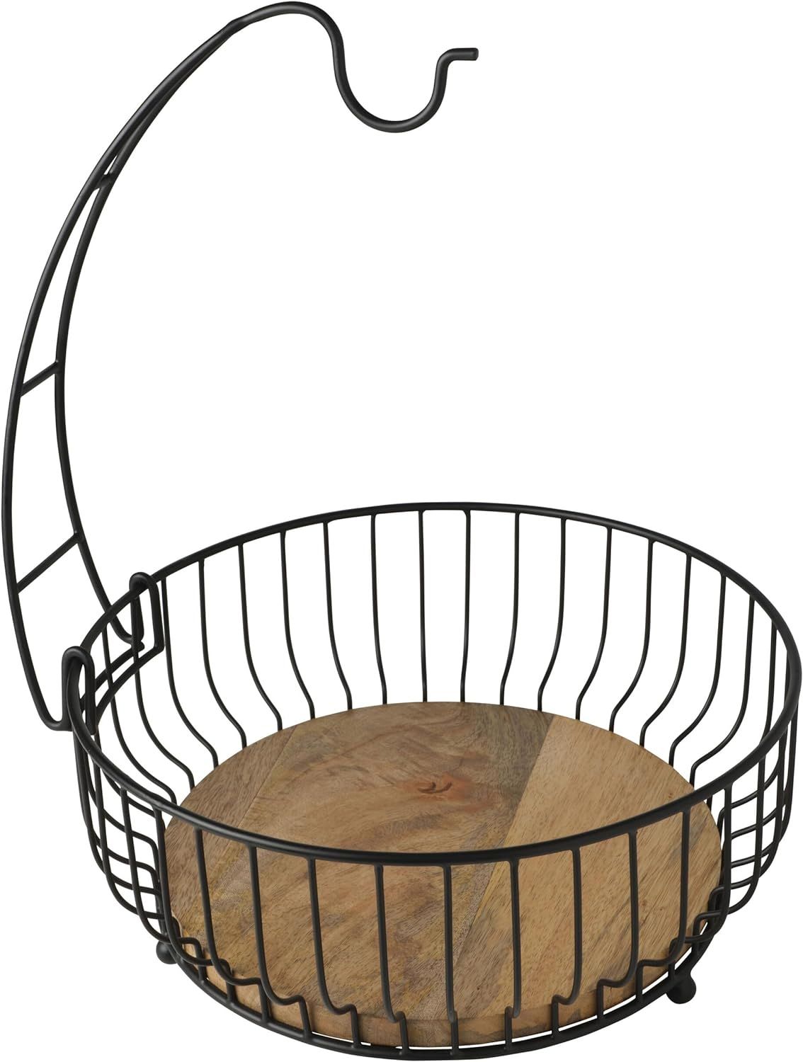 Black Iron and Mango Wood Fruit Basket with Banana Hook