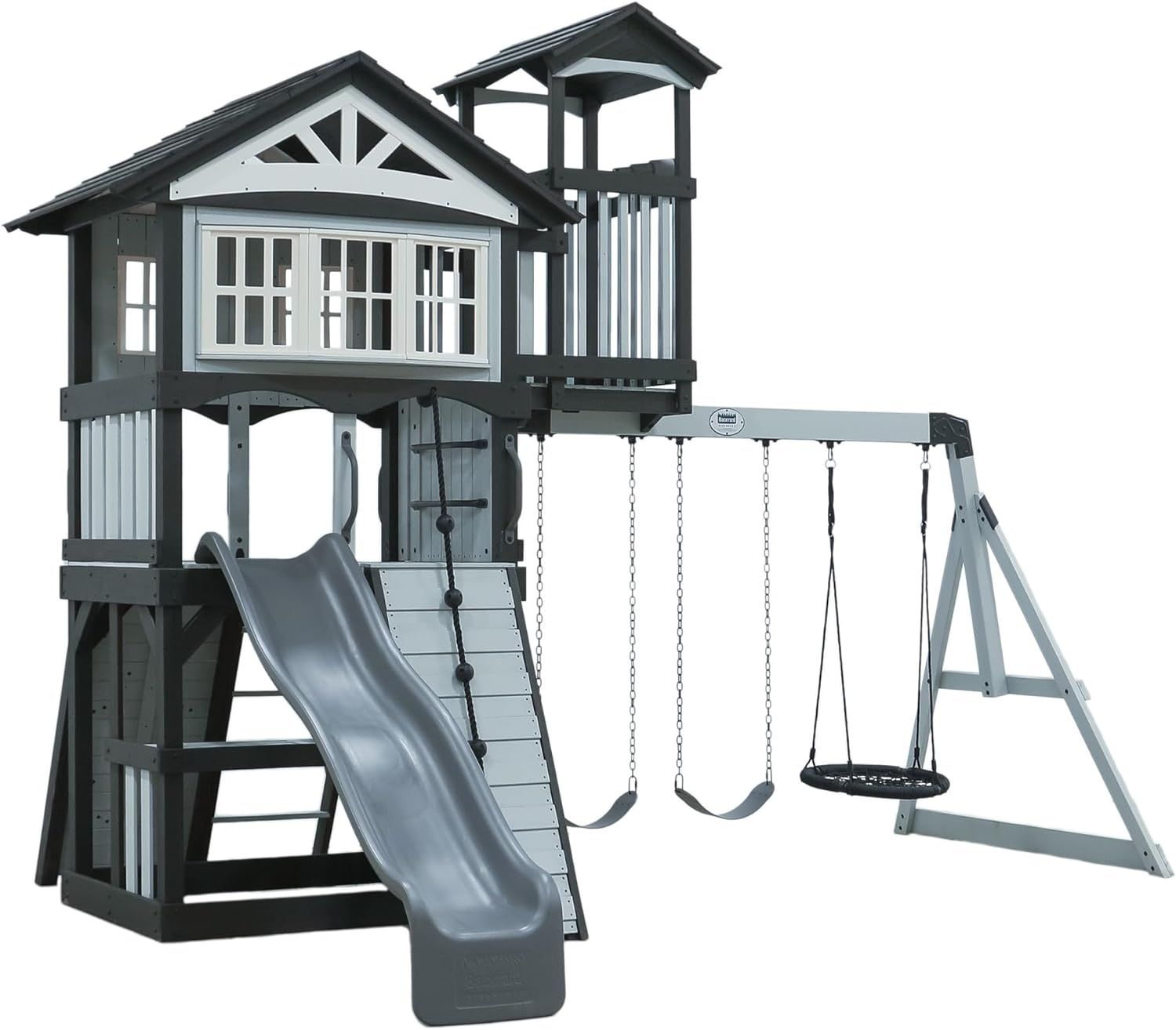 Whispering Point White and Gray Cedar Wooden Swing Set with Wave Slide