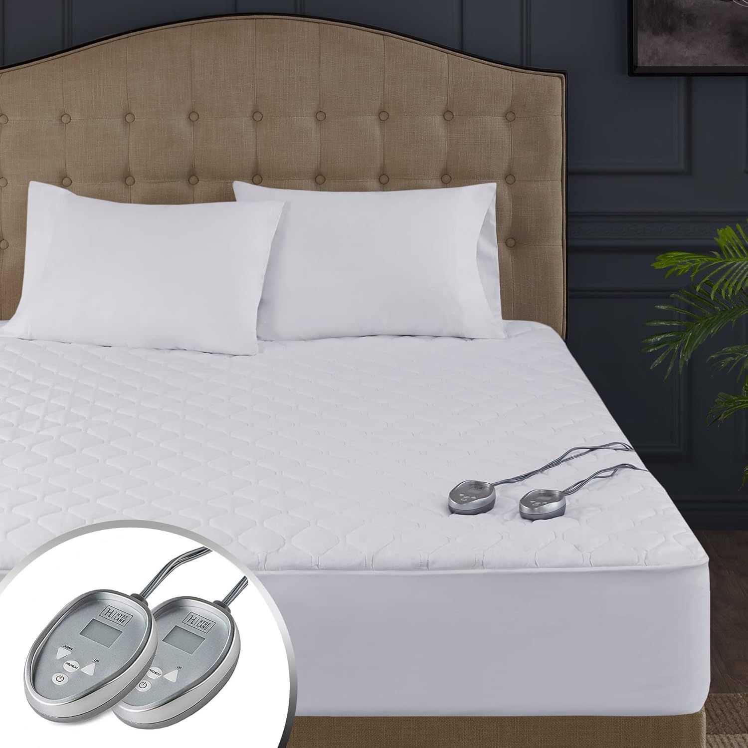 King Size White Cotton Heated Mattress Pad with Dual Control