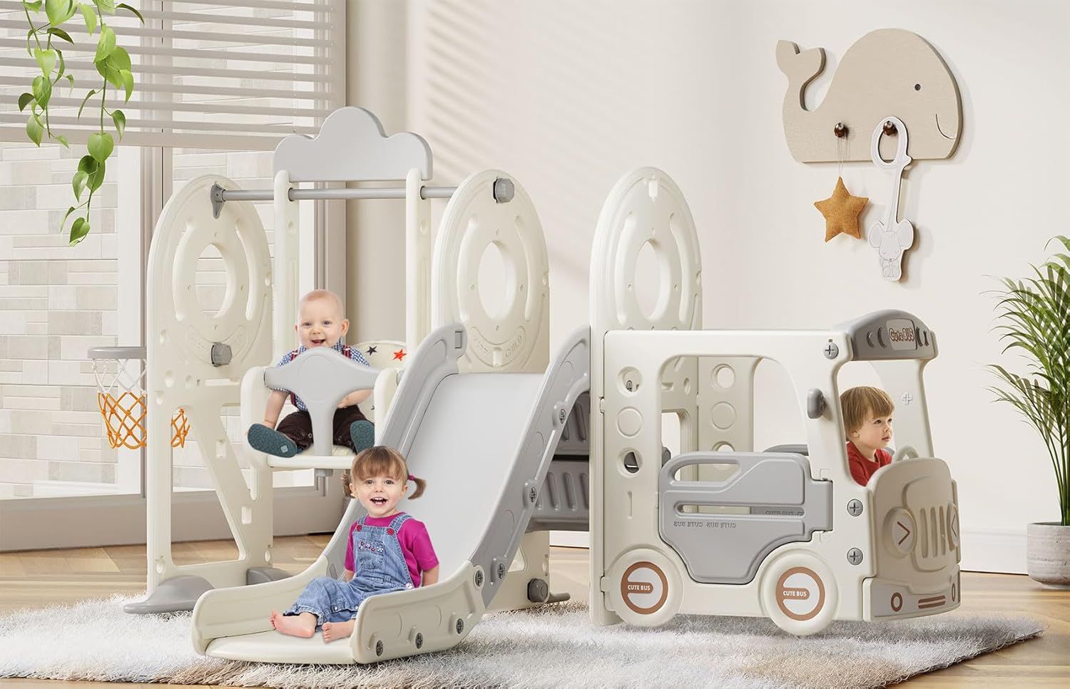 Beige and Gray 5-in-1 Toddler Slide and Swing Set