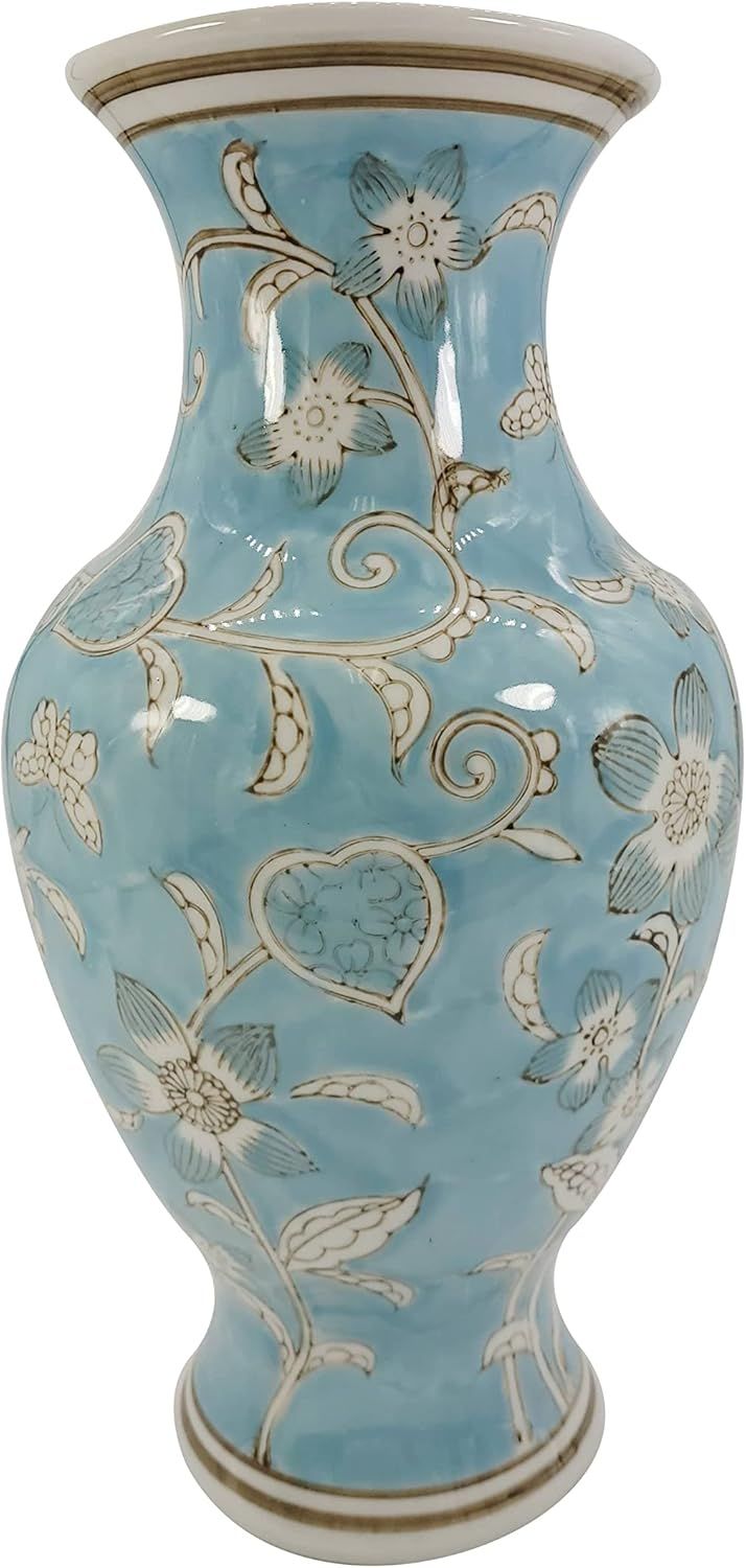 Light Blue and White Floral Chinoiserie Ceramic Vase 14"