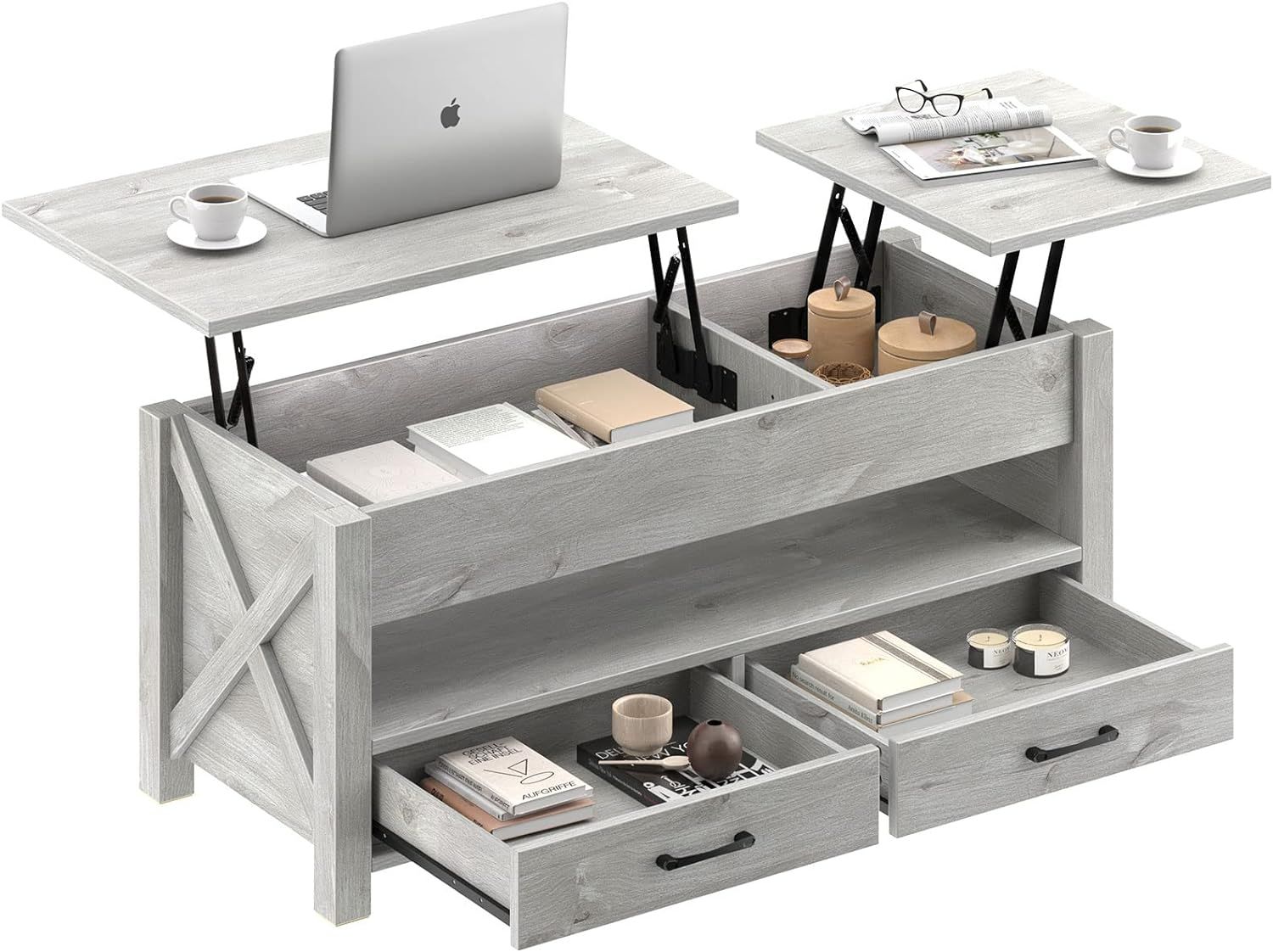 Gray Rectangular Lift-Top Coffee Table with Storage Drawers