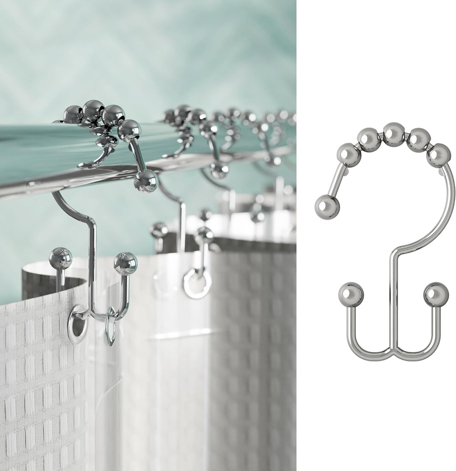 Chrome Double Roller Glide Shower Curtain Hooks Set of 12