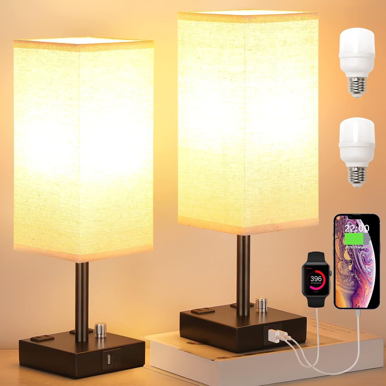 Black Fully Dimmable Nightstand Lamps with USB and AC Outlets