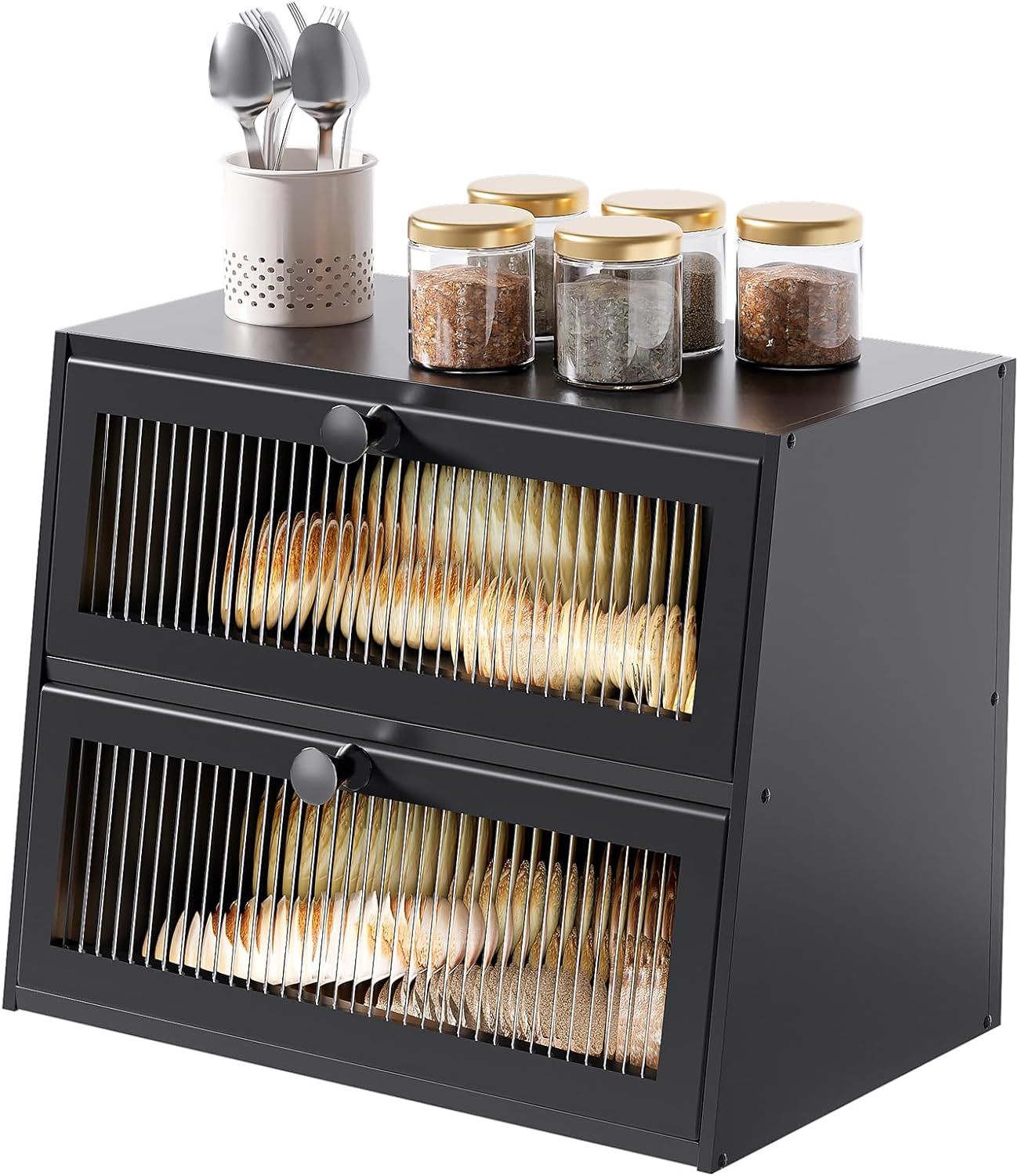 Black Bamboo Double-Layer Bread Box with Acrylic Windows