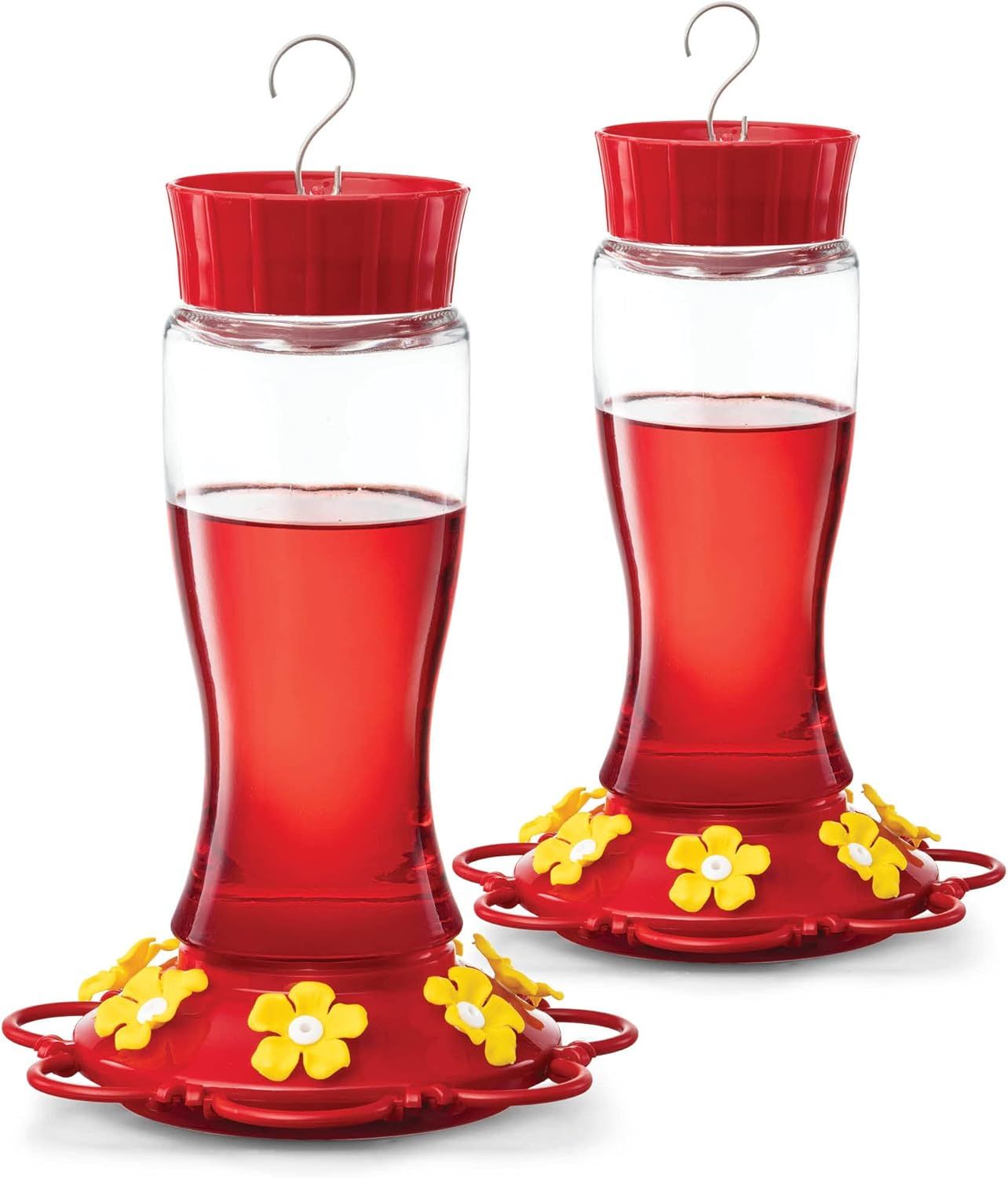 Red and Clear Glass Hanging Hummingbird Feeder Set