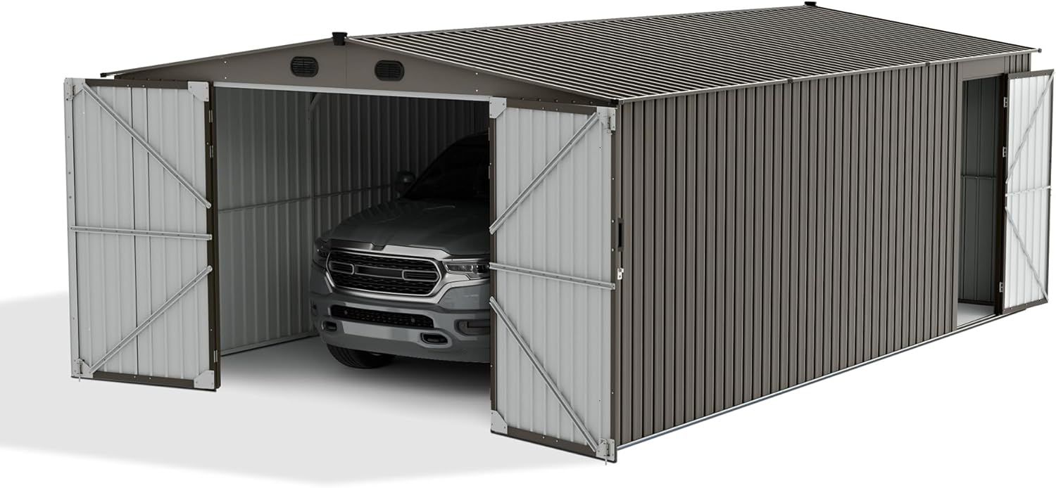 Sunjoy Outdoor Storage Shed 13 x 20 ft. Carport, Patio Metal Utility Large Storage Shed Garage with 2 Doors and 4 Vents, for Car, Truck, Bike, Garbage Can, Tool, Lawnmower, Light Grey