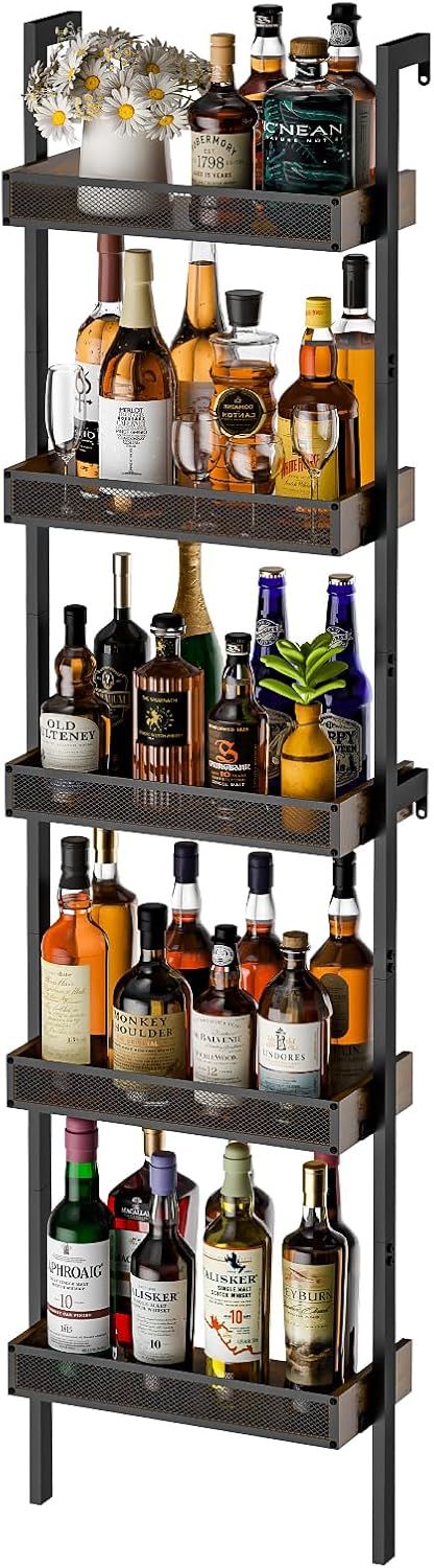 Black Metal and Wood 5-Tier Freestanding Wine Rack