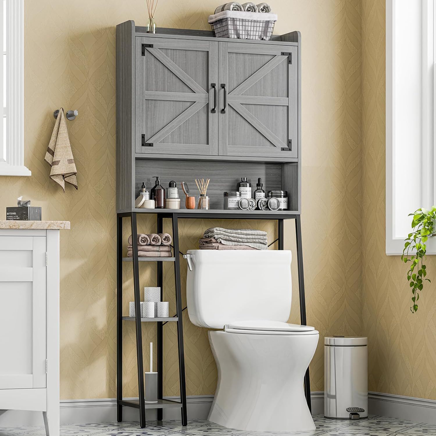 Gray Farmhouse Over-the-Toilet Storage Cabinet with Barn Doors