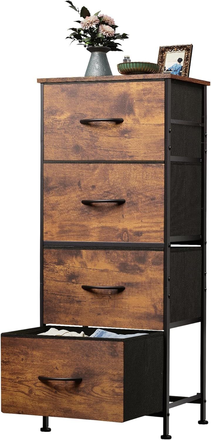 Rustic Brown Vertical 4-Drawer Fabric Storage Tower