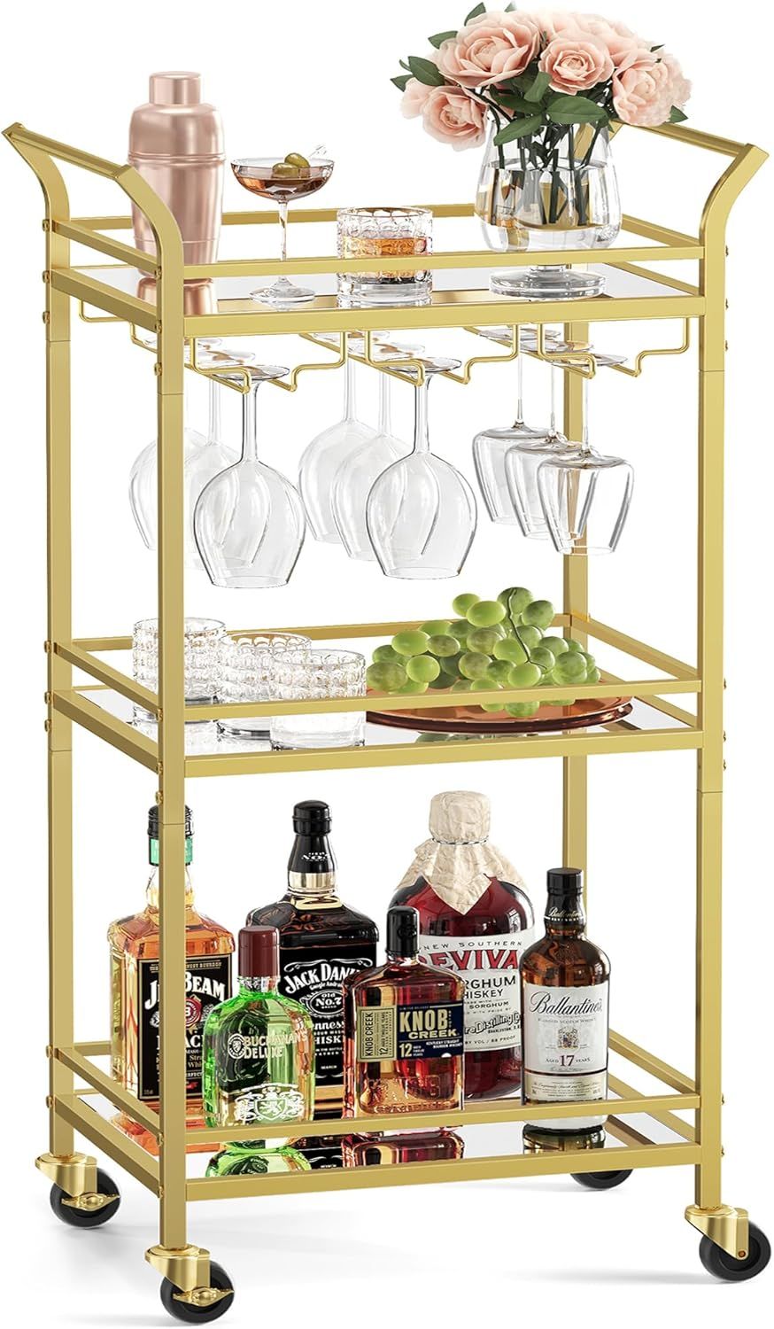 Pale Gold 3-Tier Bar Cart with Mirrored Glass Shelves