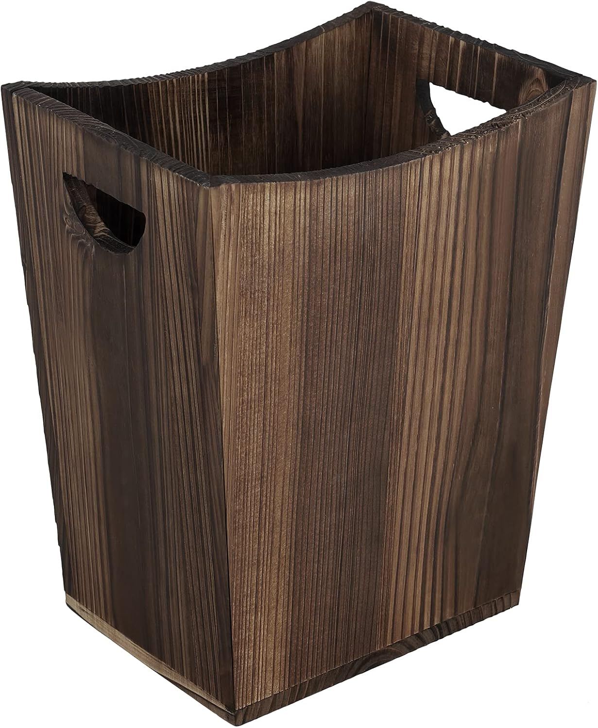 Rustic Brown Wood Rectangular Wastebasket with Handles