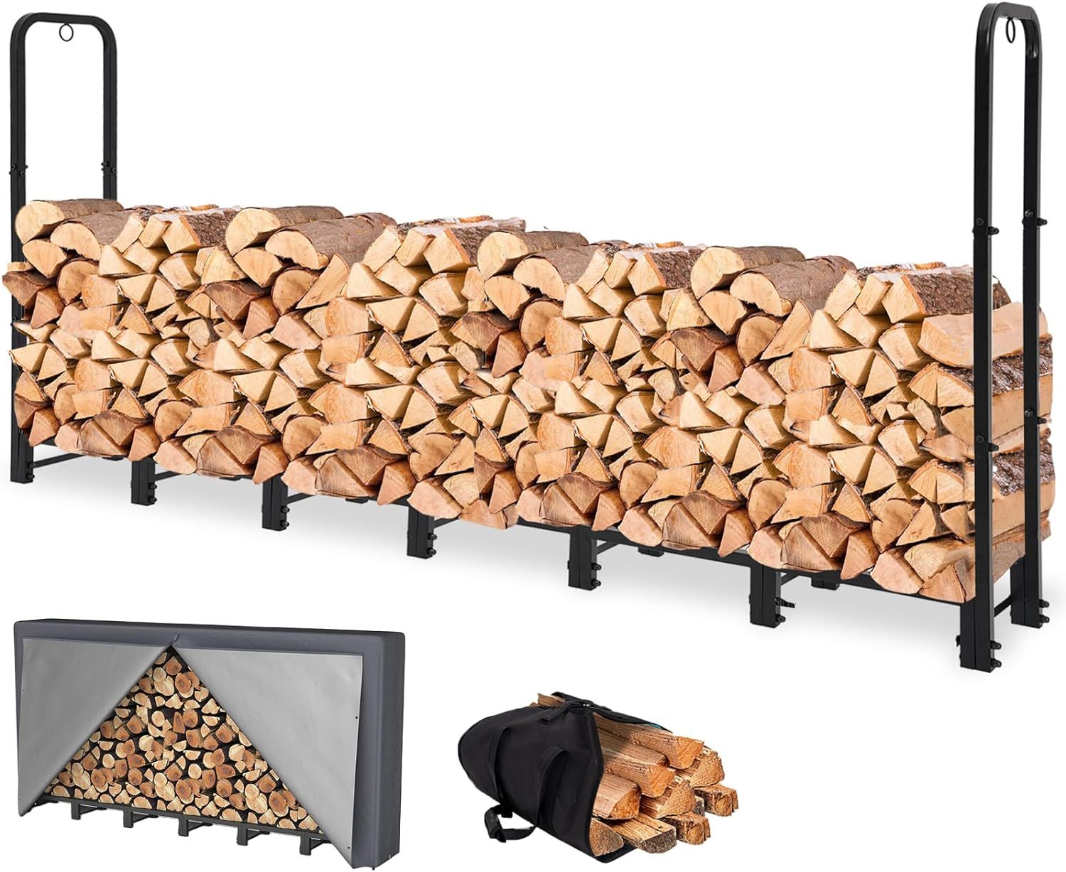 8ft Black Powder Coated Outdoor Firewood Rack with Cover