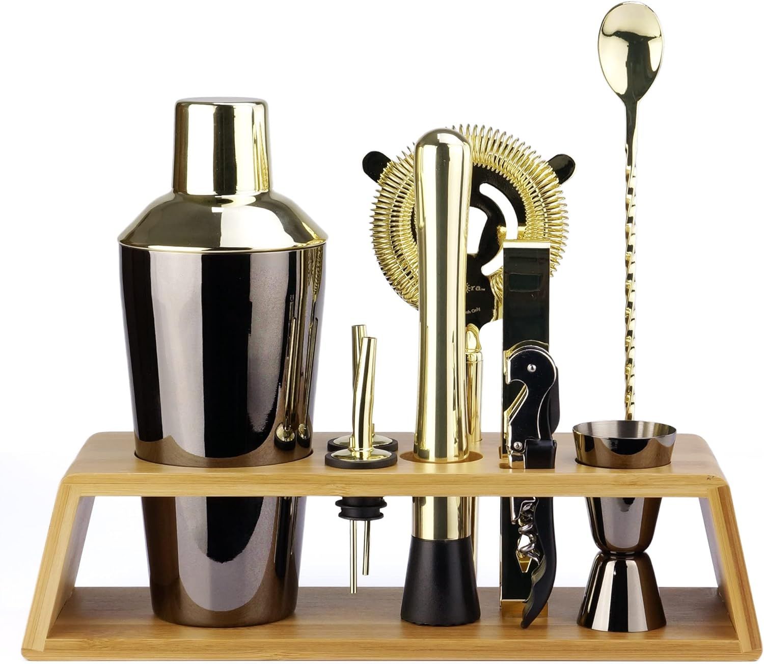 Arora 10-Piece Black and Gold Stainless Steel Bartender Kit with Bamboo Stand