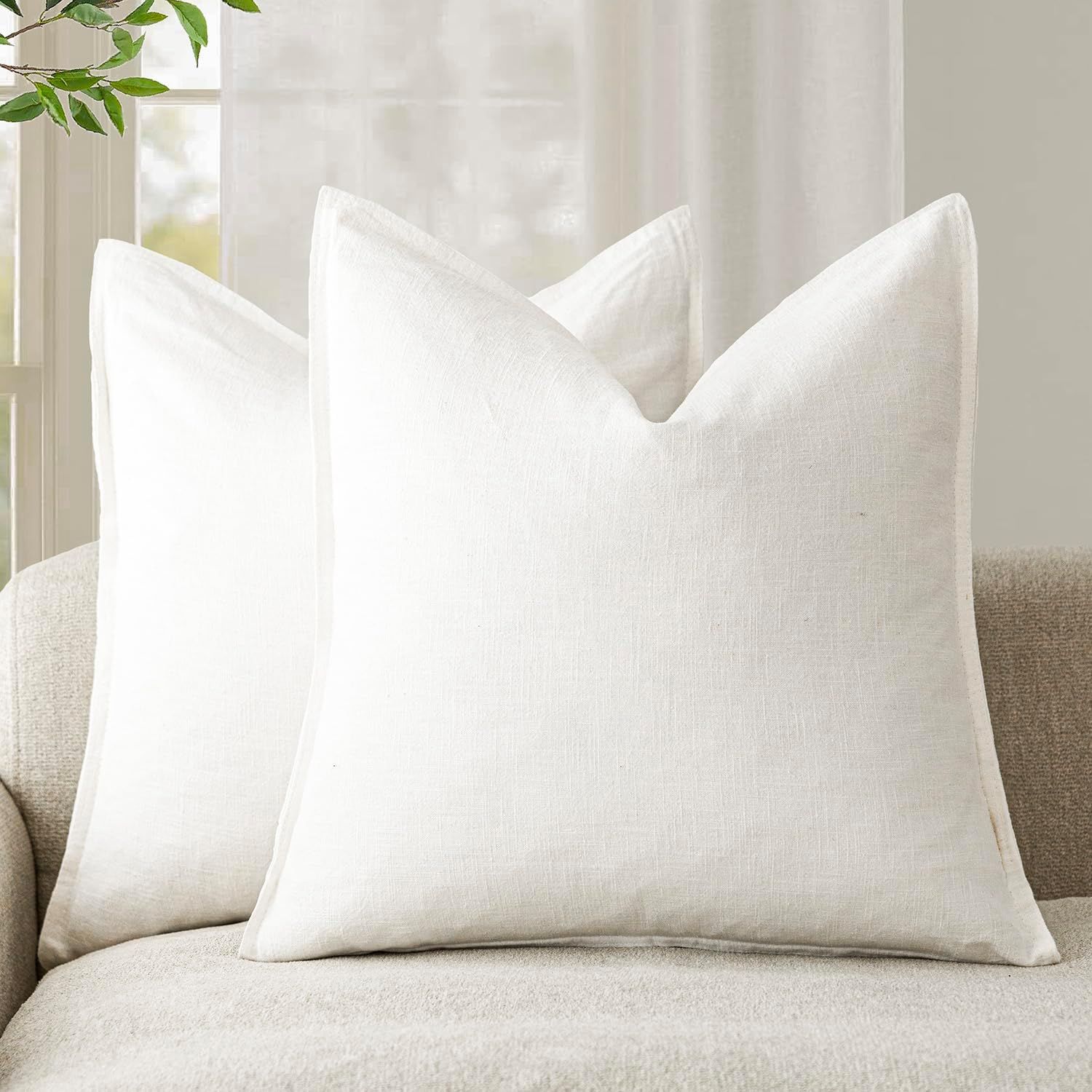 Cream White Linen and Cotton 22x22 Inch Pillow Covers, Pack of 2