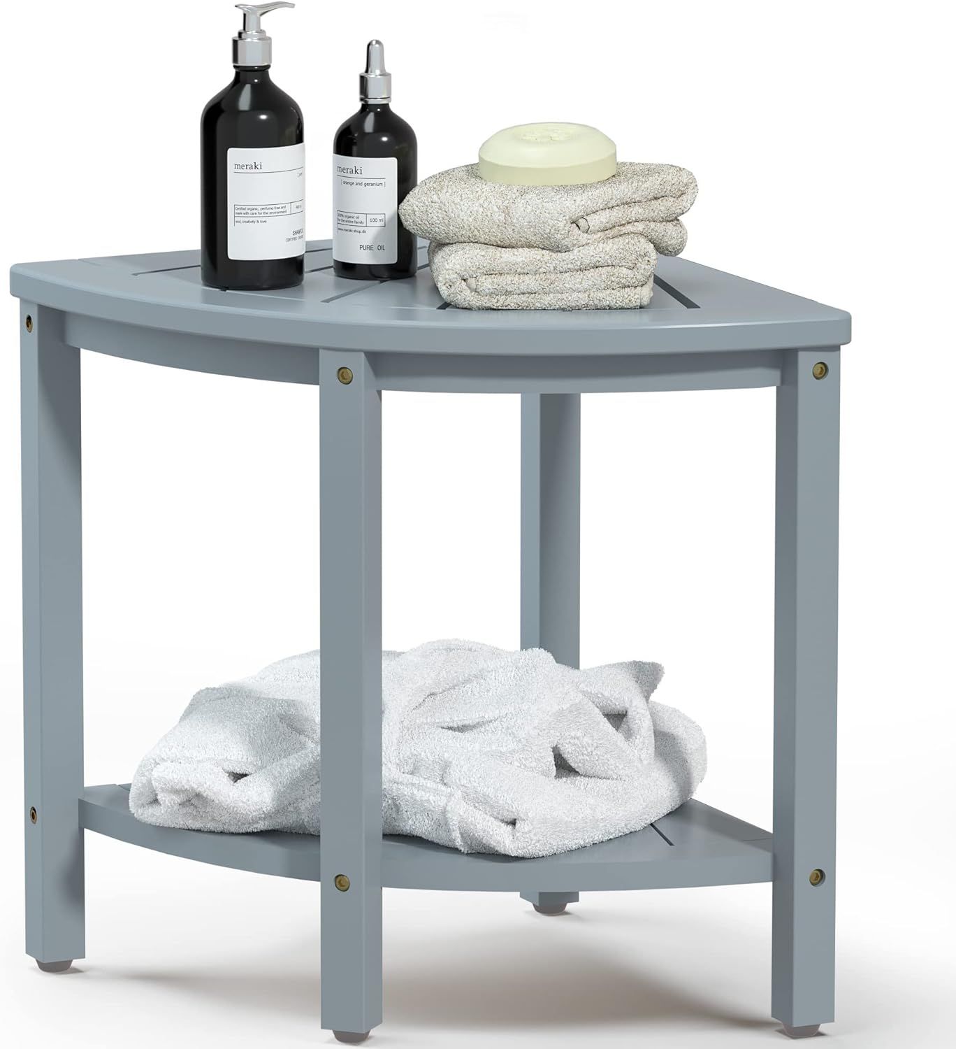 Bluish Grey Bamboo Corner Shower Bench with Storage Shelf