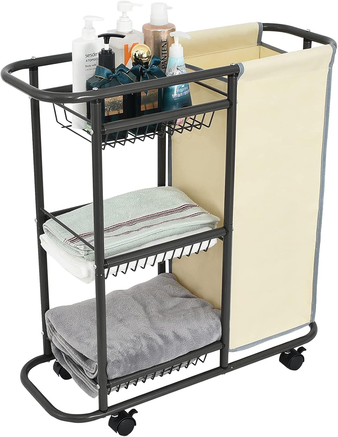 Gray Metal Frame Laundry Sorter with Beige Bag and Shelves