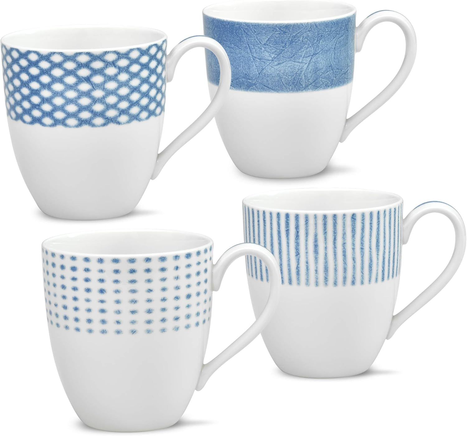 Nautical Blue and White Ceramic Patterned Mug Set, 15 oz, Set of 4