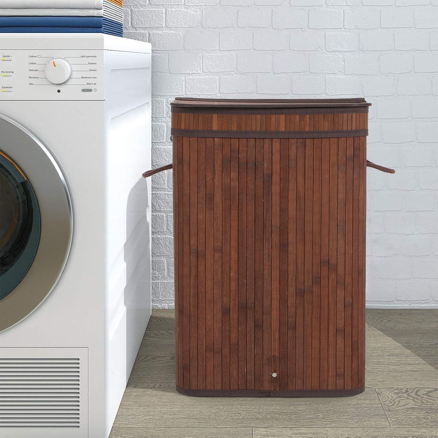 Dark Brown Bamboo Upright Laundry Hamper with Lid