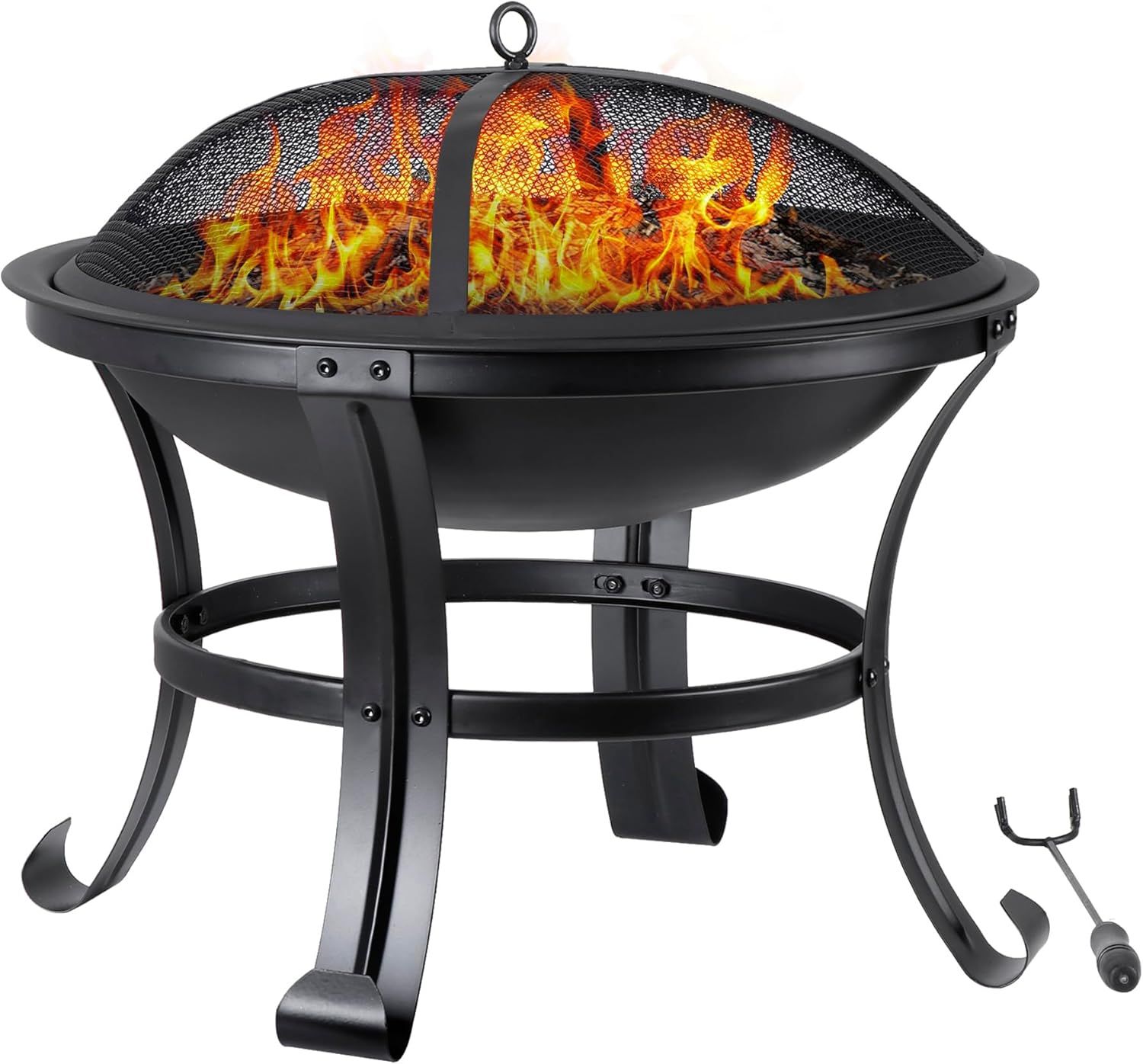 22-Inch Black Steel Round Fire Pit with Mesh Lid