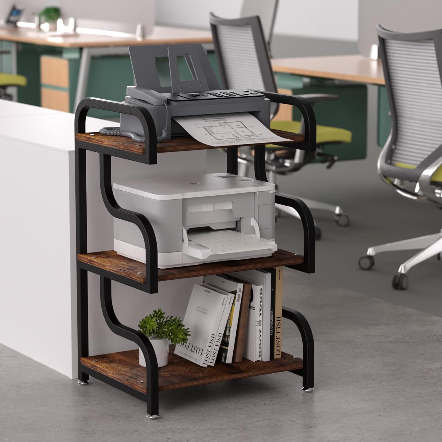Rustic Brown 3-Tier Printer Stand with Black Steel Frame