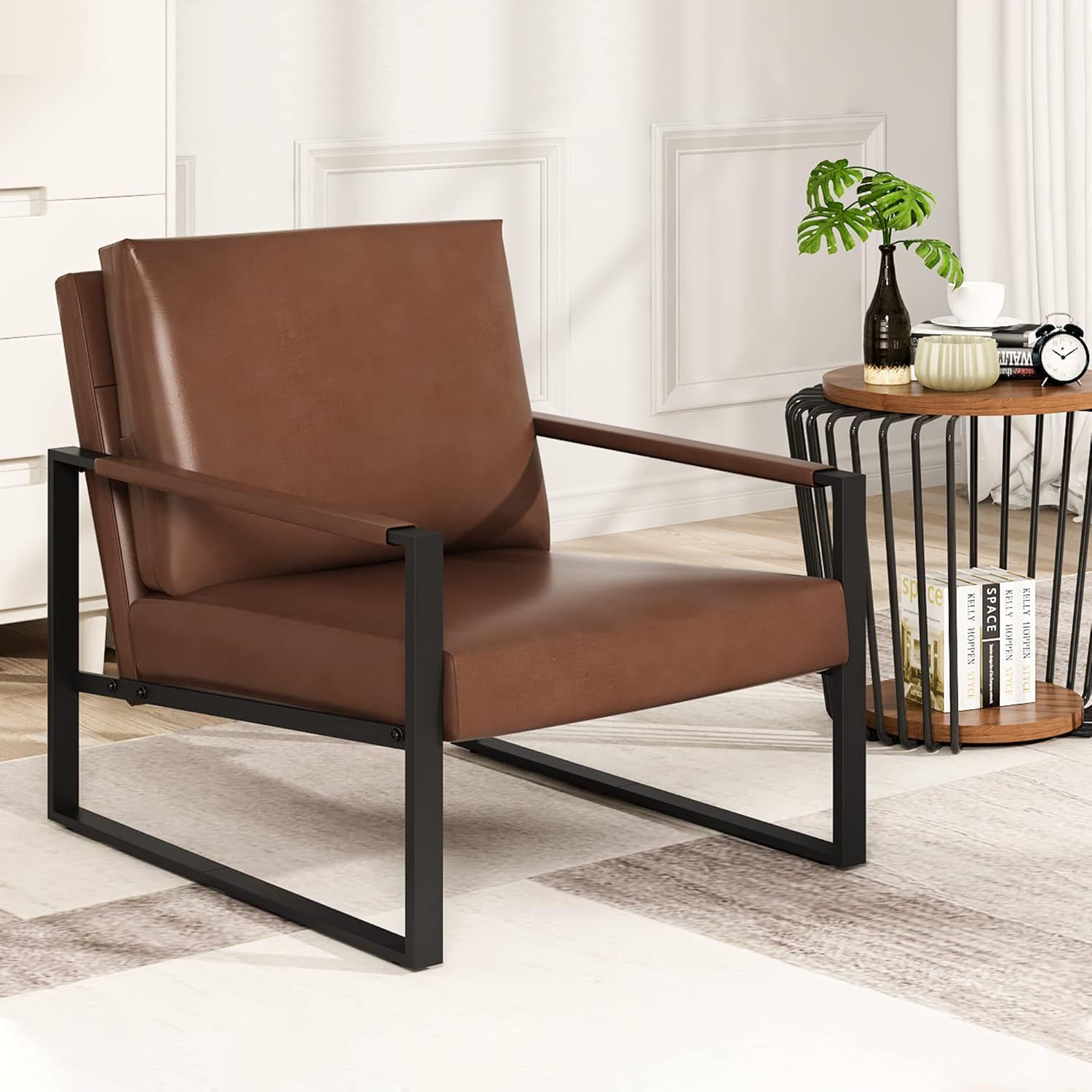 Modern Brown Leather Accent Chair with Metal Frame