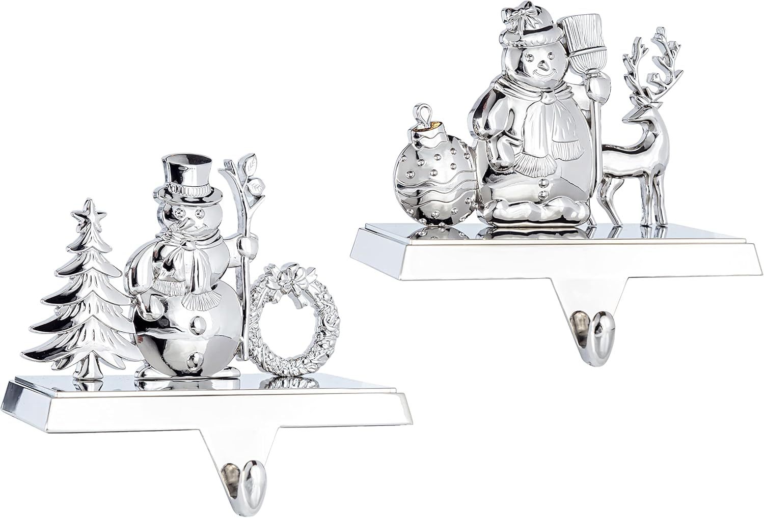 Silver Snowman and Snowlady Metal Stocking Holders Set