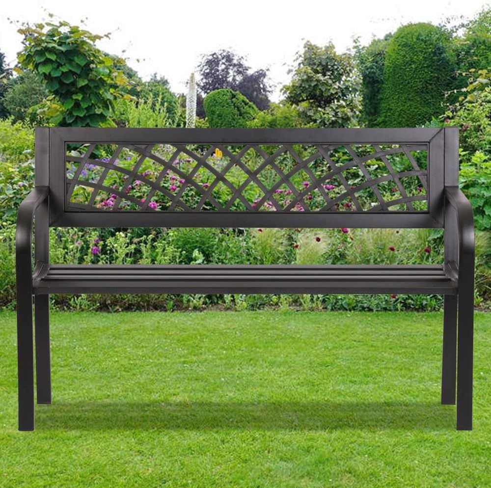 Black Cast Iron and Steel Garden Bench with Mesh Backrest