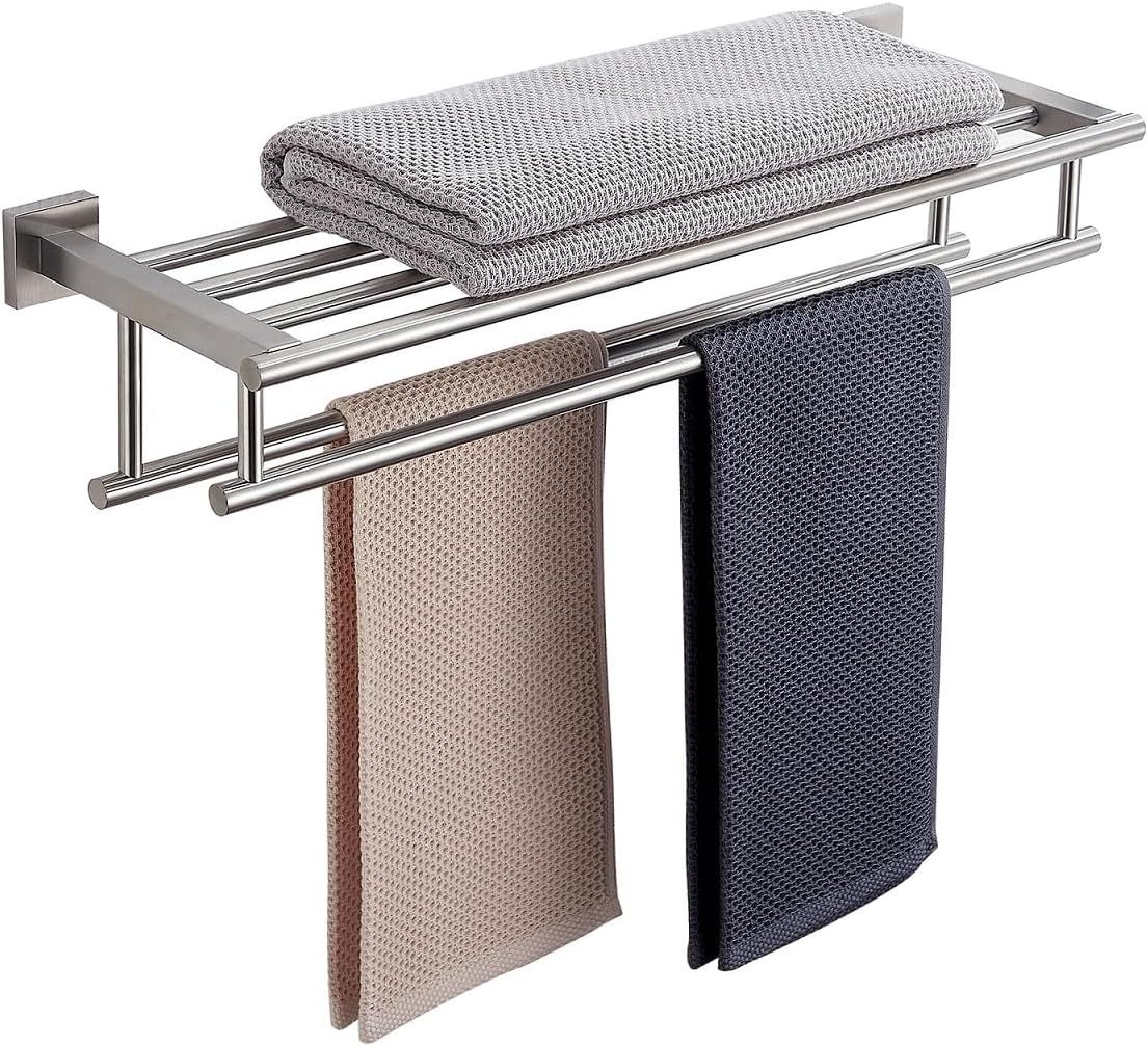 Brushed Nickel Wall-Mounted Double Towel Rack with Shelf