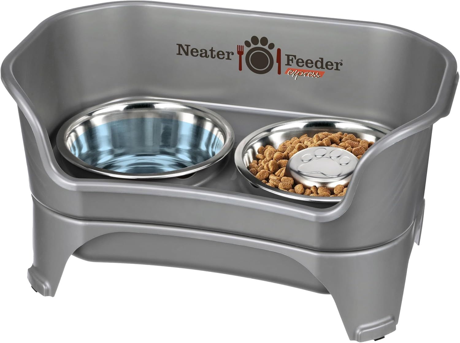 Gray Elevated Stainless Steel Pet Feeder with Slow Feed Bowl