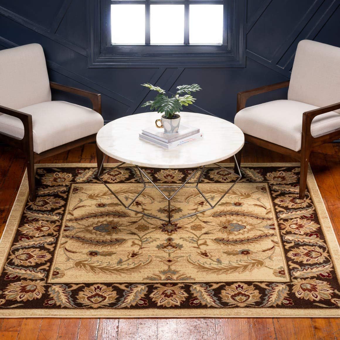 Elegant Cream Floral Square Shag Rug with Stain-Resistant Synthetic Fibers