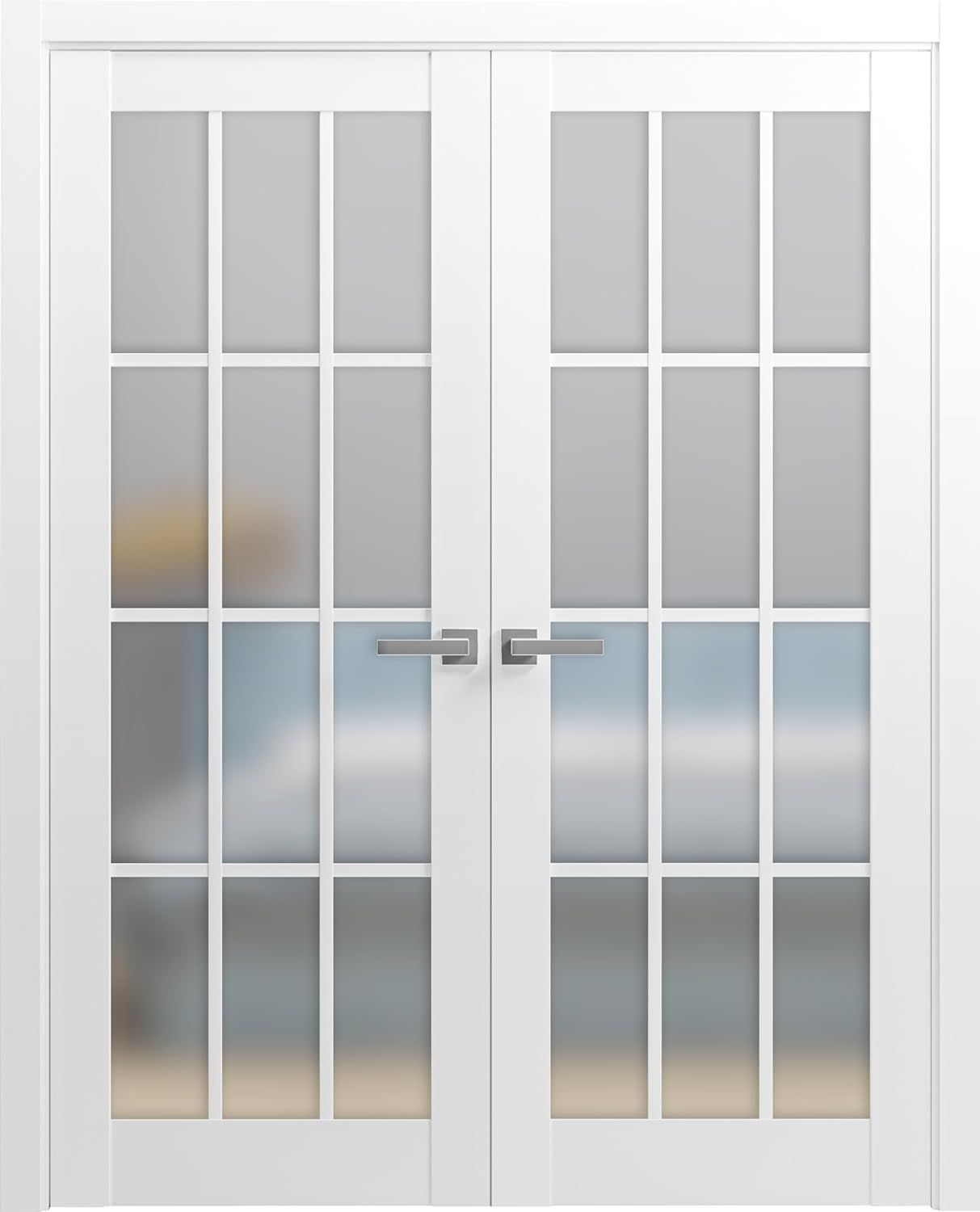 Matte White Frosted Glass French Double Doors with Solid Pine Frame