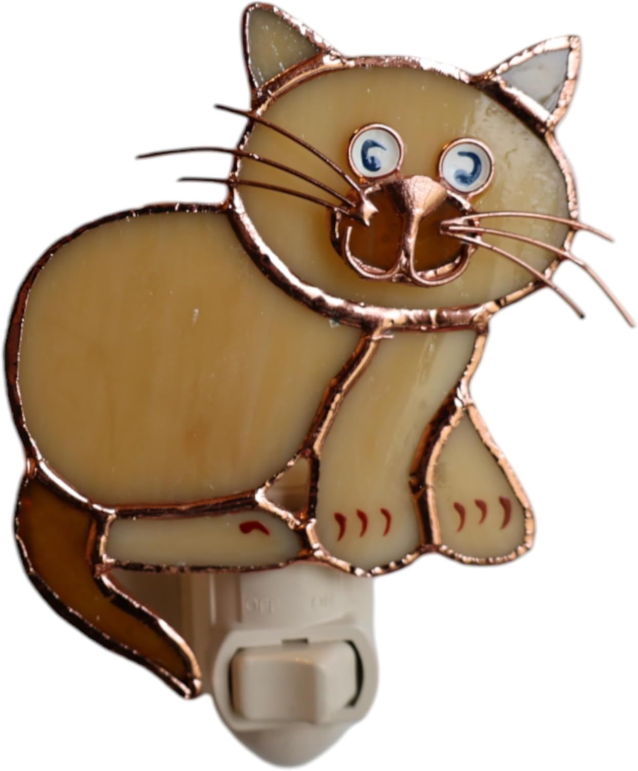 Handcrafted Tan Stained Glass Cat Night Light with Switch