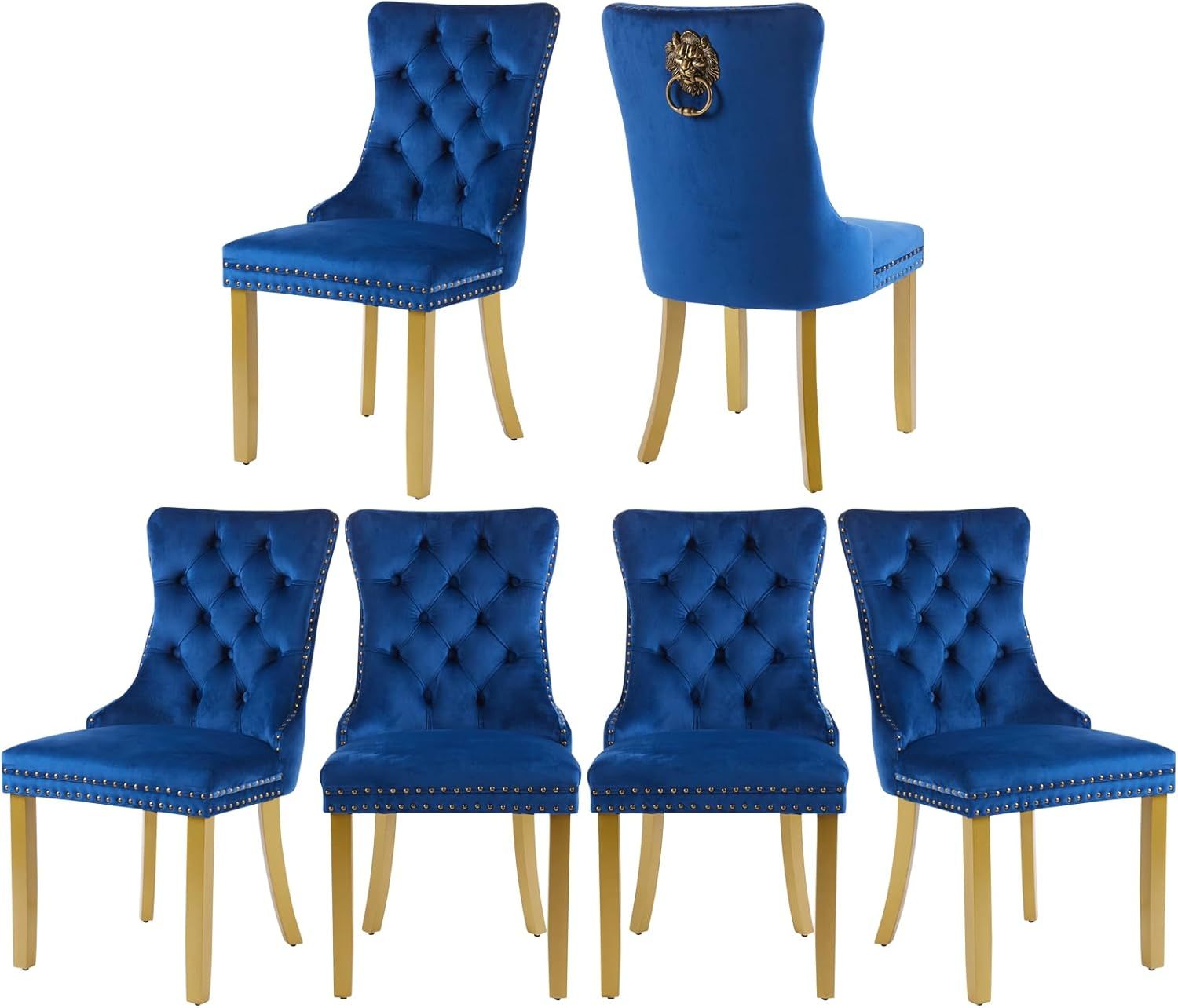 Deep Blue Velvet Upholstered Dining Chairs with Gold Legs, Set of 6