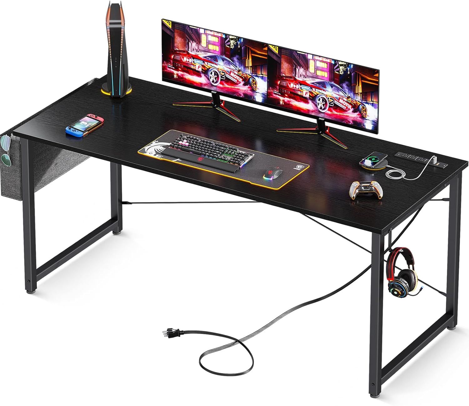 Black Rectangular Computer Desk with Power Outlet and USB Ports