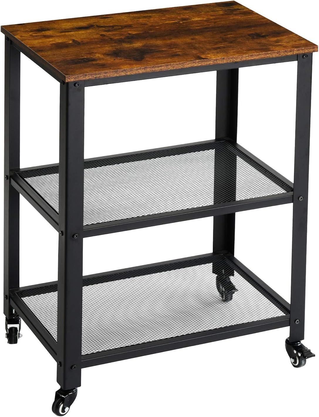 Rustic Brown and Black 3-Tier Industrial Serving Cart with Storage