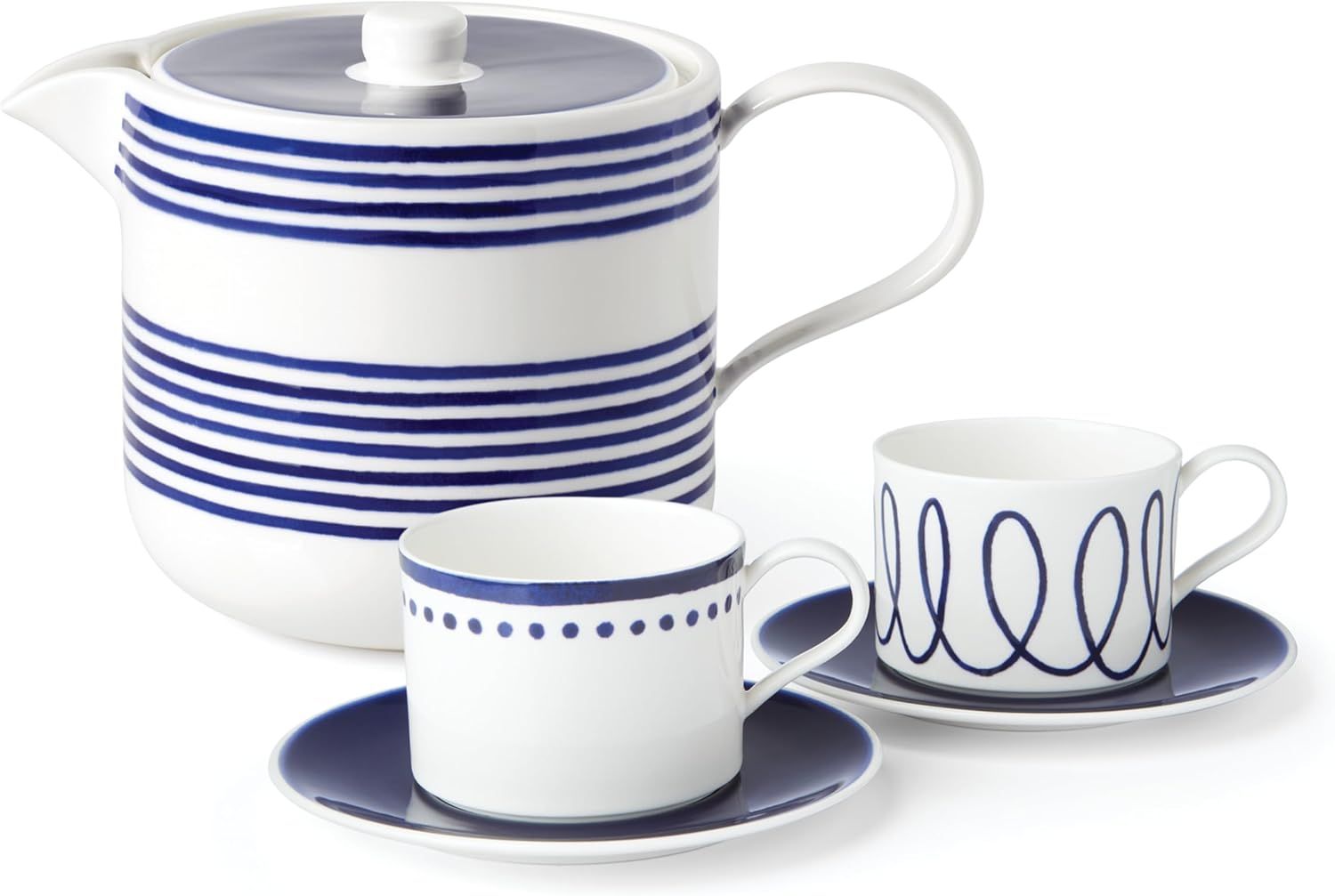 Navy and White Porcelain Tea Set with Abstract Design