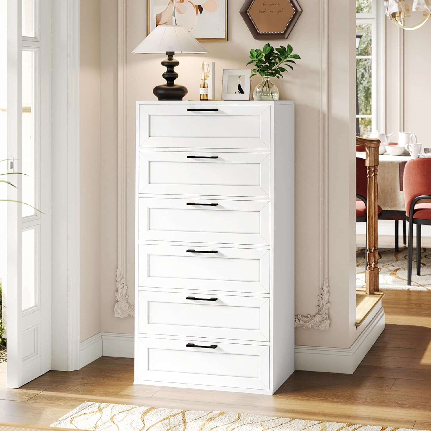 White Tall 6-Drawer Wood Dresser with Black Handles