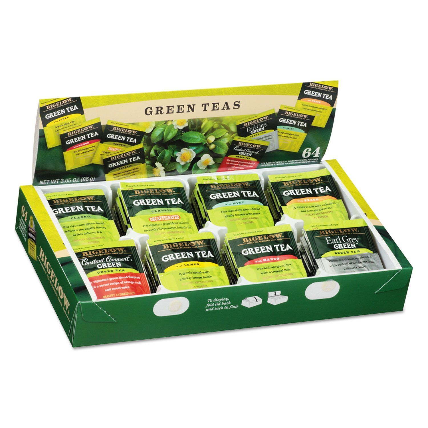 Assorted Green Tea Sampler with Eight Flavors, 64 Bags