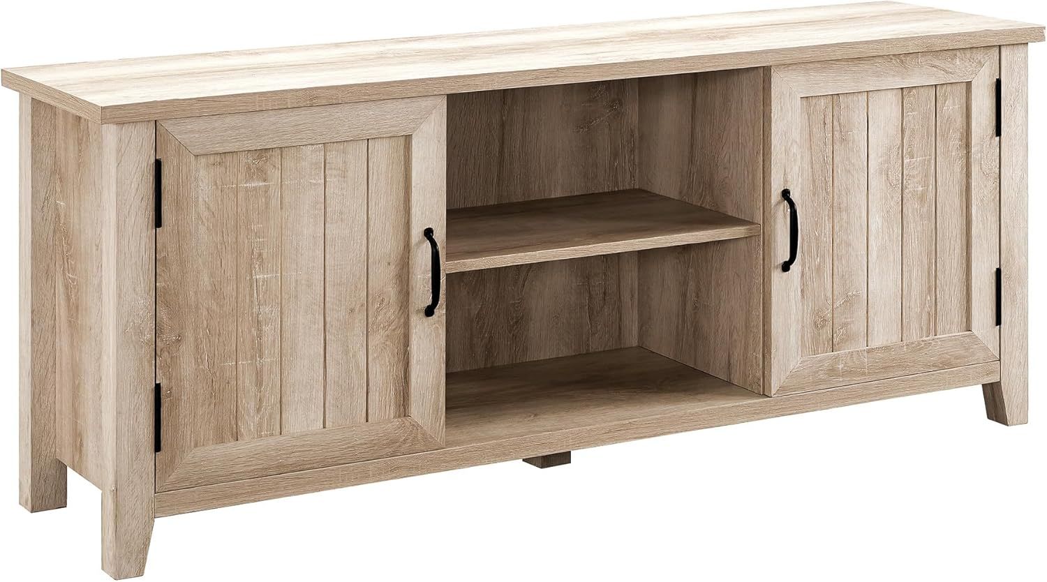 Transitional Grooved-Door 58" White Oak TV Stand with Cabinet